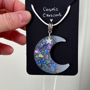 Crescent Moon Resin Necklace with Holographic Glitter and Star Charm